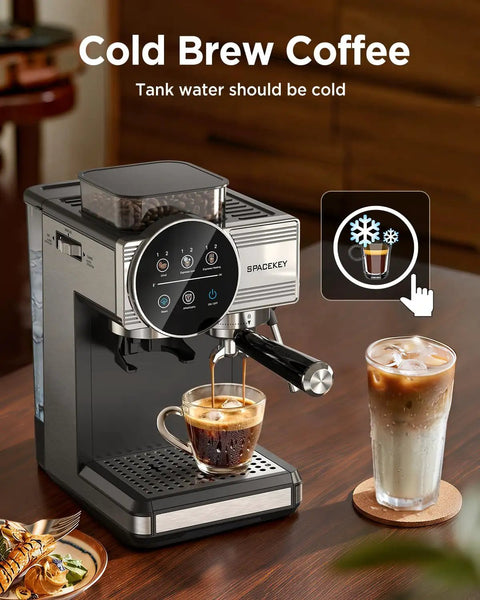 All In One Espresso Machine With Grinder And Milk Frother, 20 Bar Pump, Cold Brew, 30 Grind Settings, 60oz Removable Tank, Home Barista Kit For Lattes And Cappuccinos, Easy Brew For Coffee Lovers on kitchen counter, cup underneath frother, iced coffee beside