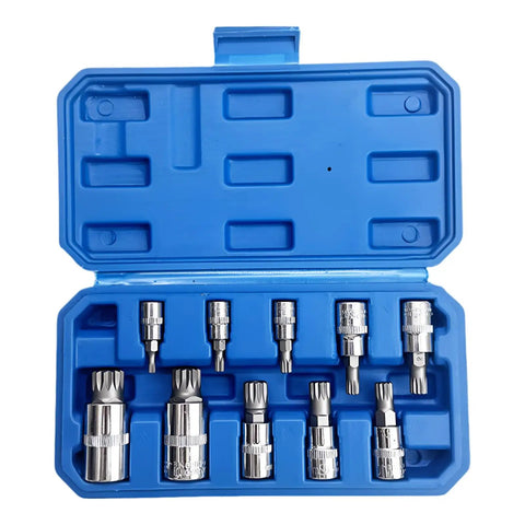 Ten Piece Spline Socket Bit Set For Auto And Garage Work in blue case, chrome steel M4-M18, 12 point polydrive sockets displayed