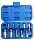 Ten Piece Spline Socket Bit Set M Type 12 Point M4 M18 Polydrive Triple Square Drive Sockets Chrome Steel Tool Kit in blue case
