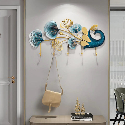 Sleek Wall Mounted Coat Rack With Extended Hook Arms For Entryway, designed with artistic blue and gold ginkgo leaves and a bag hanging.