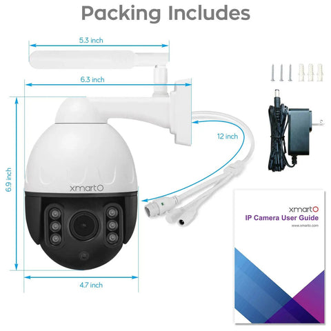 2K 3MP Auto Tracking PTZ Security Camera With WiFi AC Powered Dope Night Vision and packing components displayed