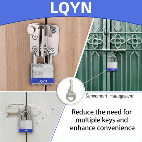 Keyed Alike Laminated Heavy Duty Padlock Set Six Pack 40mm 1 9 16 Inch Wide Body With Hardened Normal Shackle installed on doors