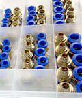 Ultimate PC Series Pneumatic Fitting Combo Kit Featuring Push In Quick Release Air Hose Connectors And Tube Couplers For Compressor Hoses In 1/4 Inch And 1/8 Inch Sizes For Heavy Duty DIY Gas And Water Jobs brass and blue fittings in organizer tray