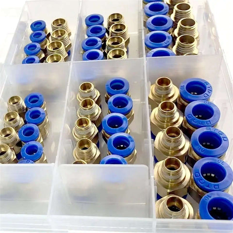 Ultimate PC Series Pneumatic Fitting Combo Kit Featuring Push In Quick Release Air Hose Connectors And Tube Couplers For Compressor Hoses In 1/4 Inch And 1/8 Inch Sizes For Heavy Duty DIY Gas And Water Jobs brass and blue fittings in organizer tray