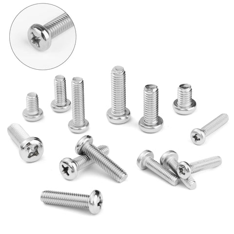 Close-up of stainless steel Phillips pan head machine screws from the Stainless Steel Nuts And Bolts Assortment Kit, 810 Piece Diy Hardware Set With M3 M4 M5 M6 Phillips Pan Head Screws, Machine Screws, Washers, And Clear Storage Box For Home Improvement Projects.