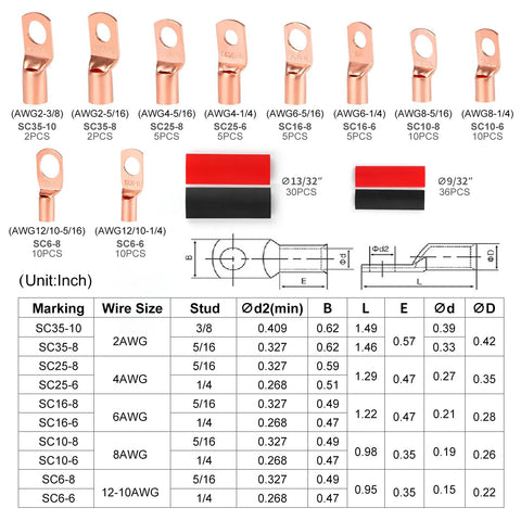 Copper wire lug terminal set with assorted eyelets and ring terminals for AWG2–12, plus red and black heat shrink tubing (130 pcs)