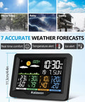 Image of the Ultimate Wireless Weather Station With Indoor And Outdoor Temperature And Humidity Readouts Atomic Clock Barometric Pressure Forecast USB Port Four Sensor Zones And A Big Easy To Read Display For Home Office Bedroom, showcasing 7 weather forecasts and alerts.