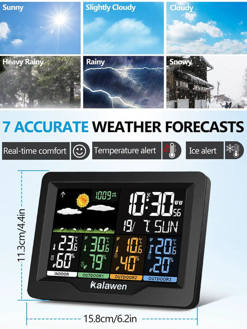 Image of the Ultimate Wireless Weather Station With Indoor And Outdoor Temperature And Humidity Readouts Atomic Clock Barometric Pressure Forecast USB Port Four Sensor Zones And A Big Easy To Read Display For Home Office Bedroom, showcasing 7 weather forecasts and alerts.
