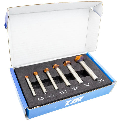 TJR countersink set, 6 pieces, 90-degree, HSS coated, in foam insert inside blue box