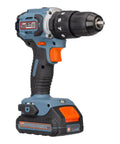 Close-up of Cordless 20-Volt Max 1/2-Inch Hammer Drill Driver showing handle and drill bit chuck for DIY projects.