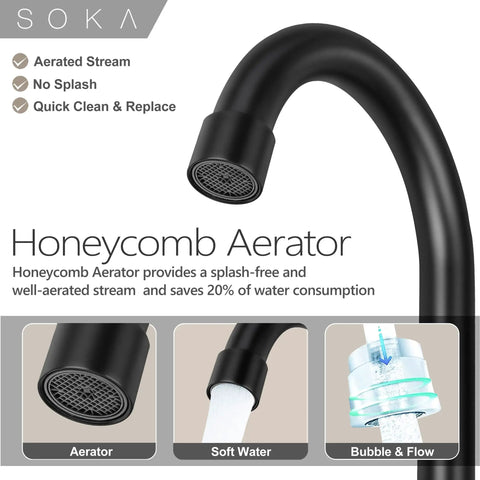 Close-up of aerator on two handle black bathroom faucet 4 inch centerset with lift rod drain stopper and supply hoses for RV use.