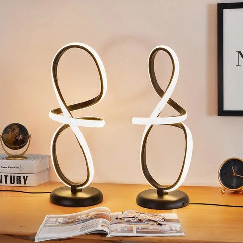 Sleek Black Modern Table Lamp With Touch Control 17 Inch LED Dimmable Spiral Metal Desk Light 3 Color Temperature Perfect For Living Room Or Office Decor Set Of Two Lamps on a wooden desk