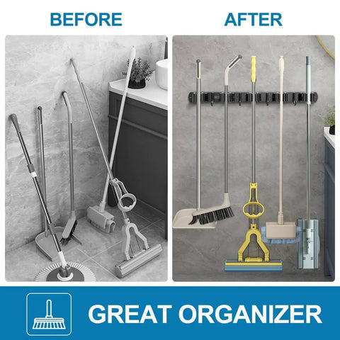 Heavy Duty Broom Holder Wall Mount For Garage And Laundry Room Stainless Steel Mop Organizer With Five Racks And Four Hooks