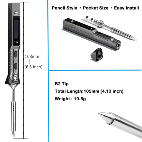 Programmable PD DC Soldering Iron Kit Mini Portable Station with B2 Tips, USB C, OLED display, 90W power shown in pencil style.