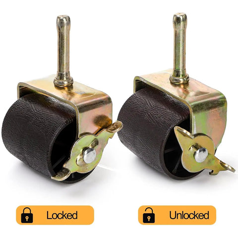 Eight Pack Heavy Duty Bed Frame Casters with Locking Swivel Wheels, 2 Inch Metal Rollers, showing locked and unlocked positions