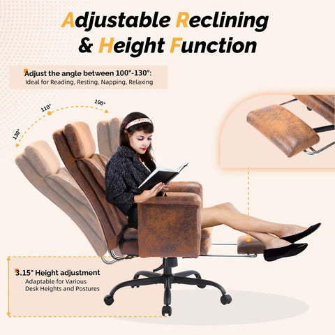 100-130 Degree Reclining Tall Office Chair With Foot Rest And Adjustable Armrests in reclined position, microfiber upholstery.