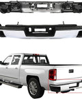 Rear chrome bumper assembly for 2014–2018 Silverado/Sierra 1500 pickup; without park assist holes.