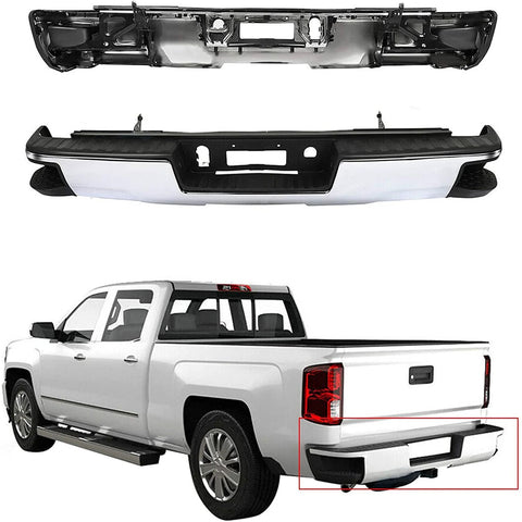 Rear chrome bumper assembly for 2014–2018 Silverado/Sierra 1500 pickup; without park assist holes.