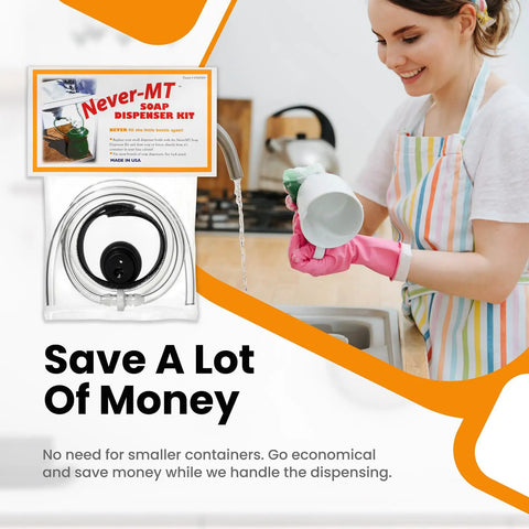 Woman using Soap Dispenser Conversion Kit With Kitchen Sink Extension Tube Lets You Pump Direct From The Big Bottle Fits Most Containers Made In USA No More Soap Shortages Easy Install For Home Kitchens And Busy Hands