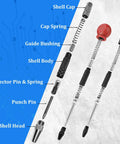 Solid Performer Automatic Center Punch Set With Six And Five Inch Bodies Plus Extra Pins for detailed parts display of tool components.