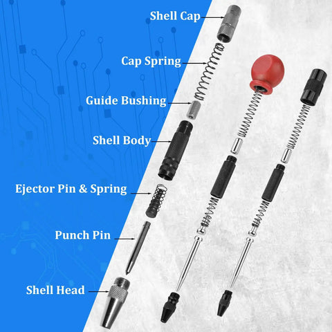 Solid Performer Automatic Center Punch Set With Six And Five Inch Bodies Plus Extra Pins for detailed parts display of tool components.
