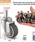 1.25 Inch Threaded Stem Casters With Smooth Swivel Wheels M6 Silent TPR Wheels For Furniture Carts Shelving Units And Coffee Tables Durable Steel Bracket 4 Pack in hand, showing dimensions and mounting options