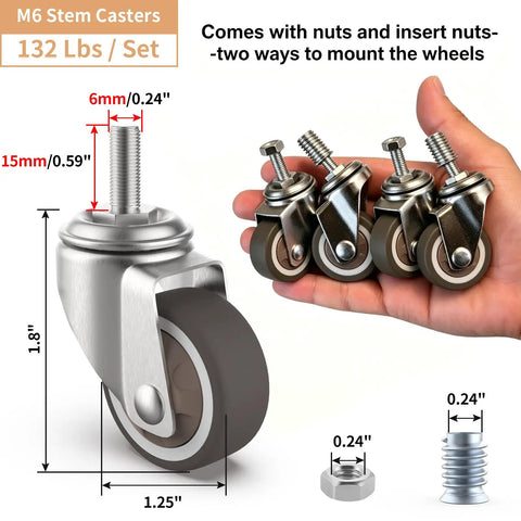 1.25 Inch Threaded Stem Casters With Smooth Swivel Wheels M6 Silent TPR Wheels For Furniture Carts Shelving Units And Coffee Tables Durable Steel Bracket 4 Pack in hand, showing dimensions and mounting options