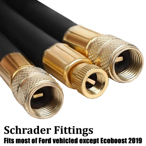 Pro Fuel Injection Pressure Tester Kit With 0 To 140 PSI Gauge And Includes 9.49, 7.89, 6.30 Fuel Line Fittings close-up of Schrader fittings