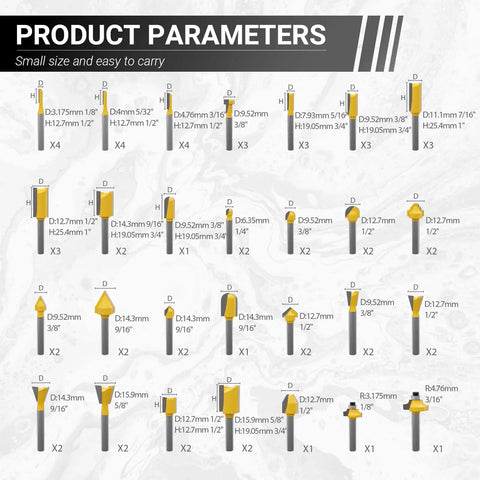 Various router bit dimensions for 100 Piece Router Bit Set With 1/4 Inch Shank Tungsten Carbide Cutters For Hardwood And Softwood