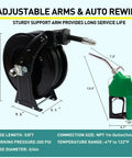 Retractable Three Quarter Inch Fuel Hose Reel 33 Feet With Nozzle And Swivel Diesel Reel Built To Last Auto Spring Driven 300 PSI Industrial Steel Construction NBR Rubber Hose For Farm Factory And Workshop, black reel and green nozzle