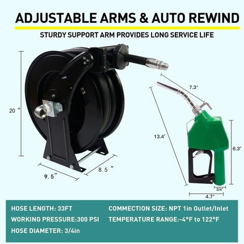Retractable Three Quarter Inch Fuel Hose Reel 33 Feet With Nozzle And Swivel Diesel Reel Built To Last Auto Spring Driven 300 PSI Industrial Steel Construction NBR Rubber Hose For Farm Factory And Workshop, black reel and green nozzle