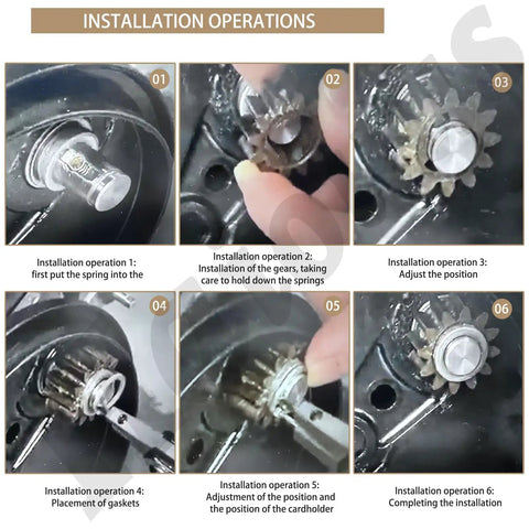 Installation steps for 12 Teeth Drive Gear Kit for Lawn Mower Replacement with keys, springs, and clips.