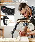 Man using 10X Lighted Magnifying Glass With LED Desk Lamp For Close Work And Crafting over wooden surface, focus on lens and controls.