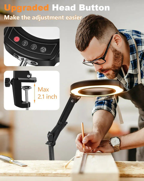 Man using 10X Lighted Magnifying Glass With LED Desk Lamp For Close Work And Crafting over wooden surface, focus on lens and controls.