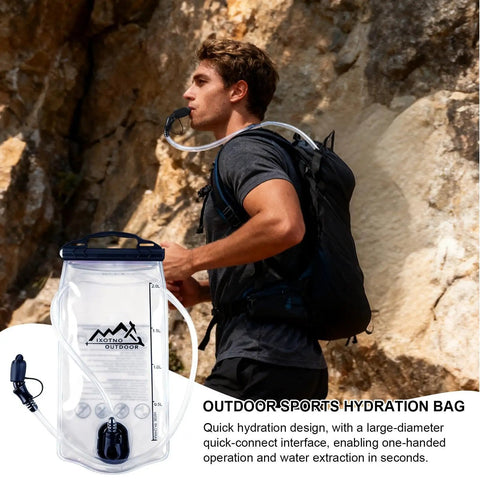 Man hiking with Hydration Bladder With Large Opening No Spill Design, Leak Proof Reservoir And Quick Connect System