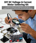 Person assembling Hands On DIY Digital Voltmeter And Ammeter Soldering Practice Kit With LED Display, DC meter STEM project.