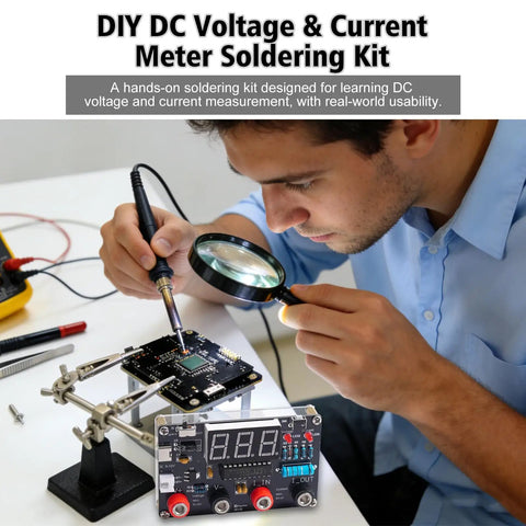 Person assembling Hands On DIY Digital Voltmeter And Ammeter Soldering Practice Kit With LED Display, DC meter STEM project.