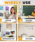 Collage of magnet uses in office, school, refrigerator, and kitchen settings
