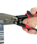 Using a Five Blade Hand Crimper for HVAC Ductwork, heavy duty red finish tool on galvanized sheet metal, 9.5-inch size.