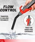 Heavy Duty Battery Operated Electric Chemical Transfer Pump With Adjustable Telescopic Suction Tube For Three To Twenty Gallon Drums Gas Cans And Pails Swivel Spout No Stress Duo Pack showing flow control feature.