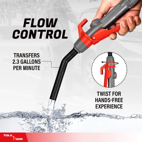 Heavy Duty Battery Operated Electric Chemical Transfer Pump With Adjustable Telescopic Suction Tube For Three To Twenty Gallon Drums Gas Cans And Pails Swivel Spout No Stress Duo Pack showing flow control feature.