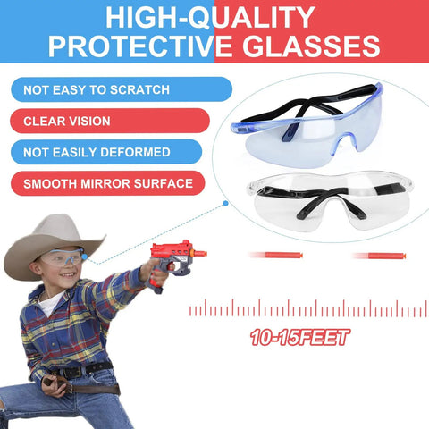Child with cowboy hat using Nerf style toy gun from 20 Pack Mini Foam Blaster Party Set for Kids 3-7 with safety goggles.