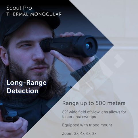 Person using handheld thermal imaging monocular with 500 meter human detection and 32 degree wide field of view for law enforcement.
