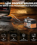 Low Profile Brushless RC Servo With 19Kg Torque, 0.073s Per 60 Degrees At 8.4V, Programmable, 25T Metal Horn, For 1/10 And 1/12 Scale Drift Cars And Trucks, A50BHL 2026 Special Edition Celebration Model on desk with programming components visible.