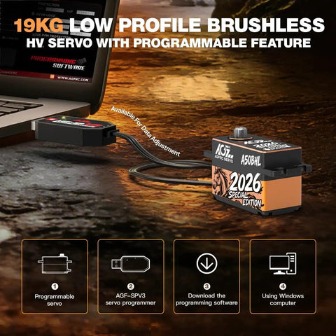 Low Profile Brushless RC Servo With 19Kg Torque, 0.073s Per 60 Degrees At 8.4V, Programmable, 25T Metal Horn, For 1/10 And 1/12 Scale Drift Cars And Trucks, A50BHL 2026 Special Edition Celebration Model on desk with programming components visible.
