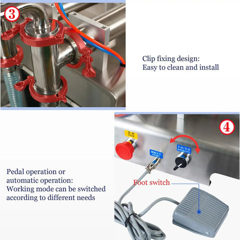 Double Head Pneumatic Liquid Filling Machine With Stainless Steel Body featuring easy clip fixing design and foot switch controls.