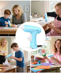 Collage of Fast Heating Mini Hot Glue Gun Kit With Anti Scald Nozzle in blue, used for crafting and DIY projects with 30 glue sticks.