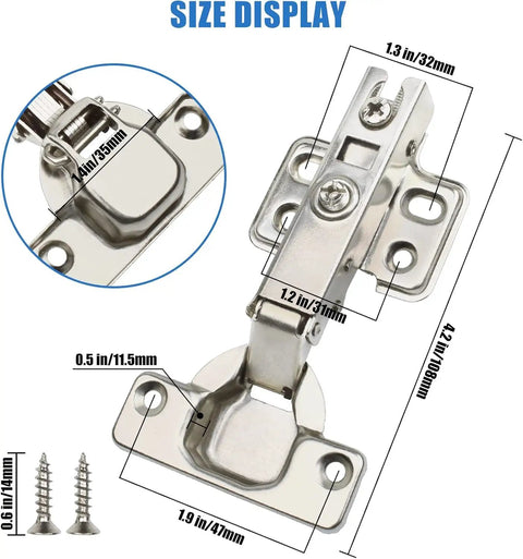 Dimensions of 10 Pack 35mm Full Overlay No Slam Soft Close Frameless Cabinet Hinges With Screws For Kitchen And Bathroom Cabinets Cold Rolled Steel Hydraulic Concealed Cabinet Door Hinges For Whisper Quiet Smooth Closing.