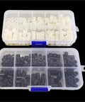 1000 Piece Nylon Spacers Assortment Kit With Hollow Non Threaded Standoffs Black For Electronics DIYers And Makers Insulation And Vibration Dampening ABS Nylon Plastic With Various Inner Diameters And Thicknesses, assorted white and black spacers in organizer case