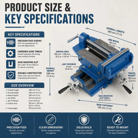 Industrial Grade Bench Vise With 6.3 Inch Jaw Width Built Tough for Real World Workshop Use, showing dimensions and specs.